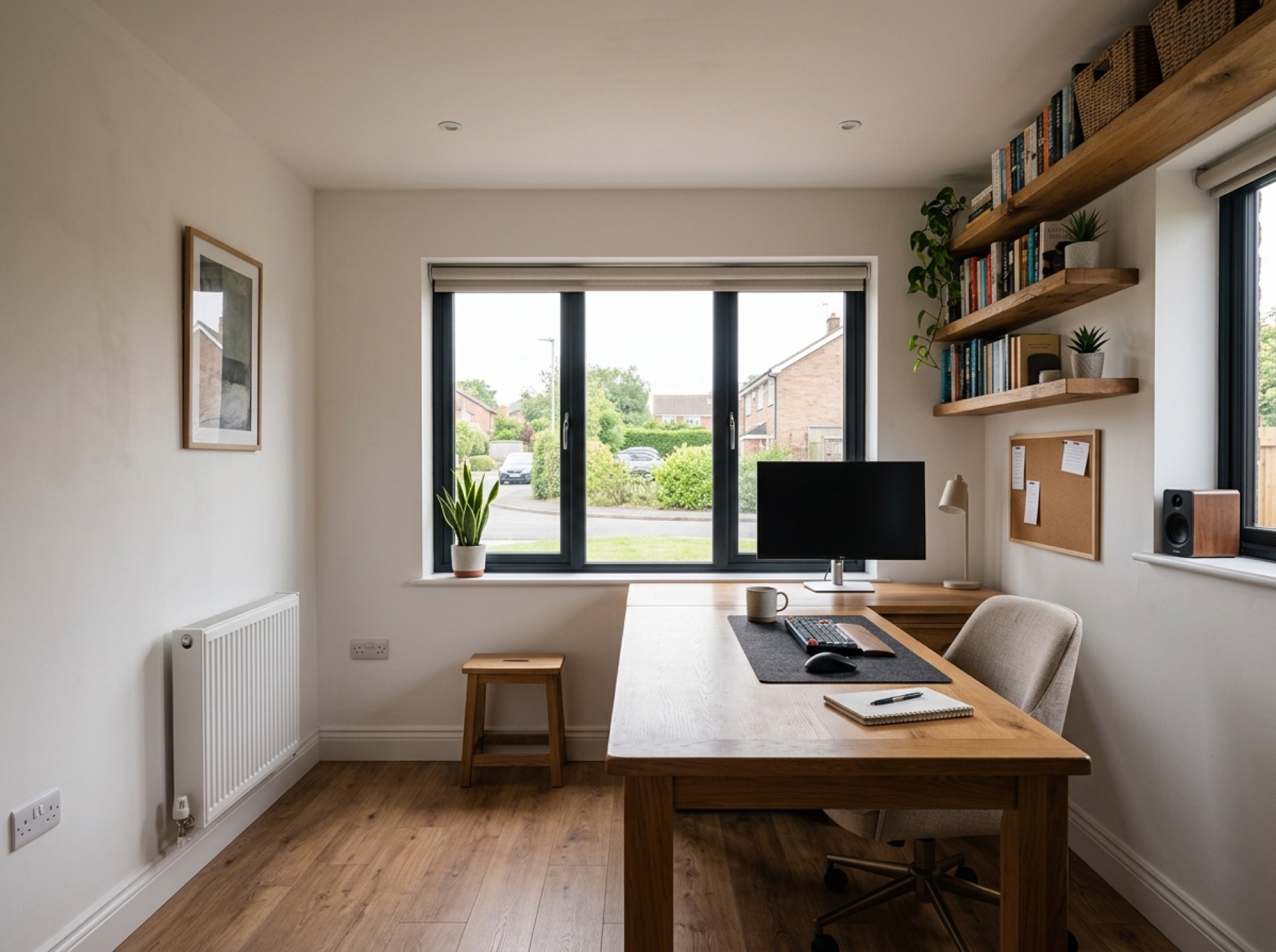 Converted garage used as a bright home office with a desk under a new front window