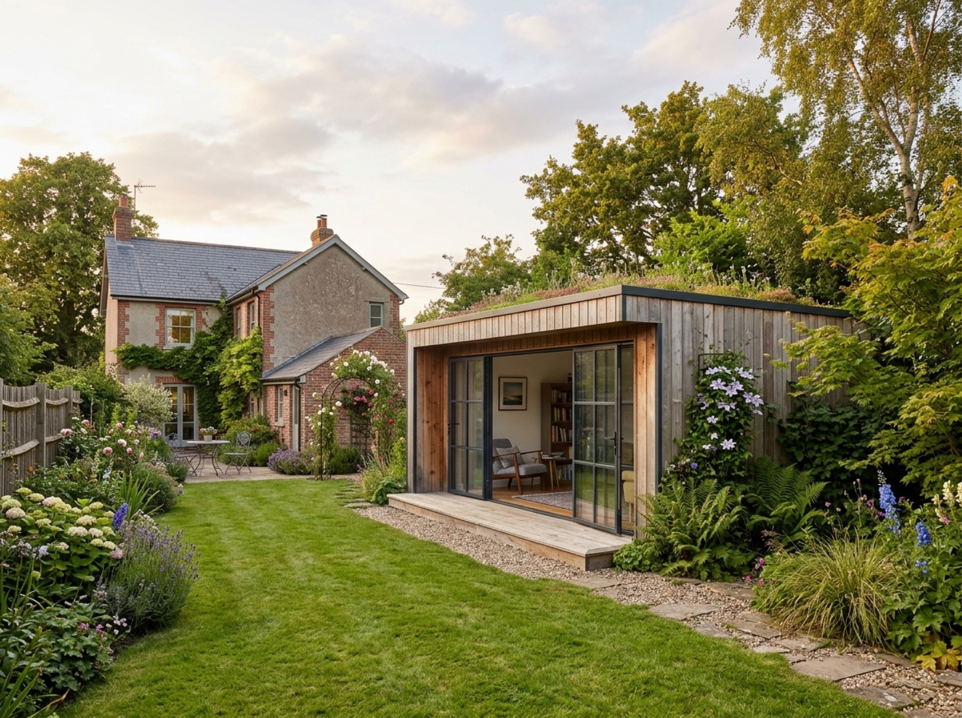 Timber-clad garden room with glass doors at the end of a lawn