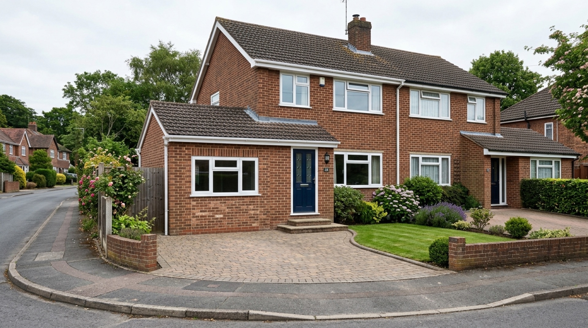 Semi-detached brick house whose integral garage has been converted, with the old door replaced by brickwork and a window