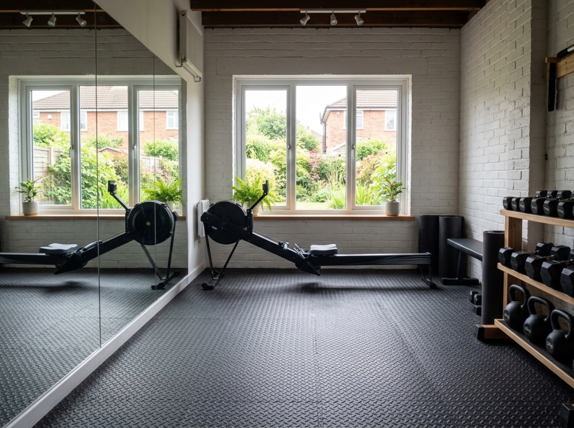Converted garage used as a small home gym with a mirror wall and rowing machine