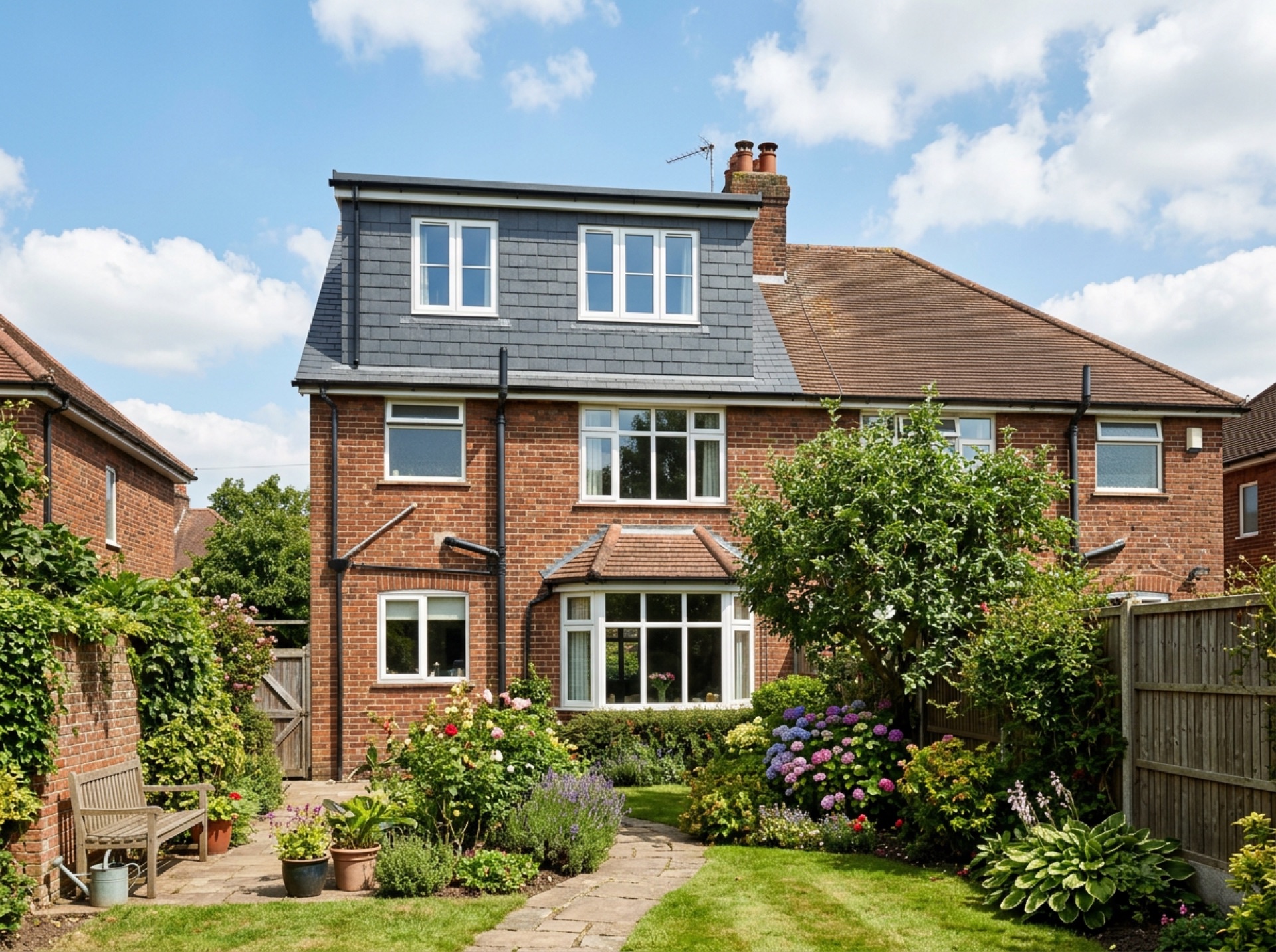 Semi-detached house with a new loft conversion dormer and white windows
