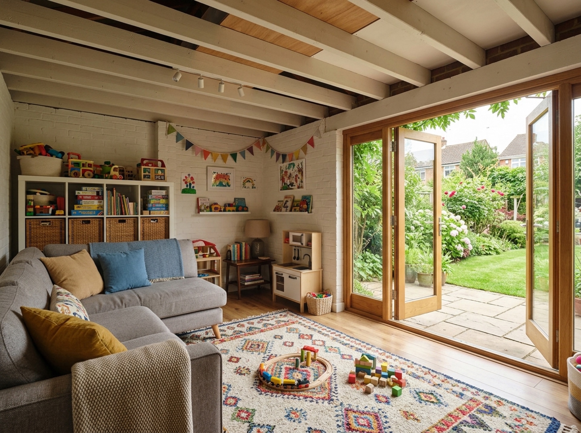Converted garage used as a family playroom and snug with doors to the garden