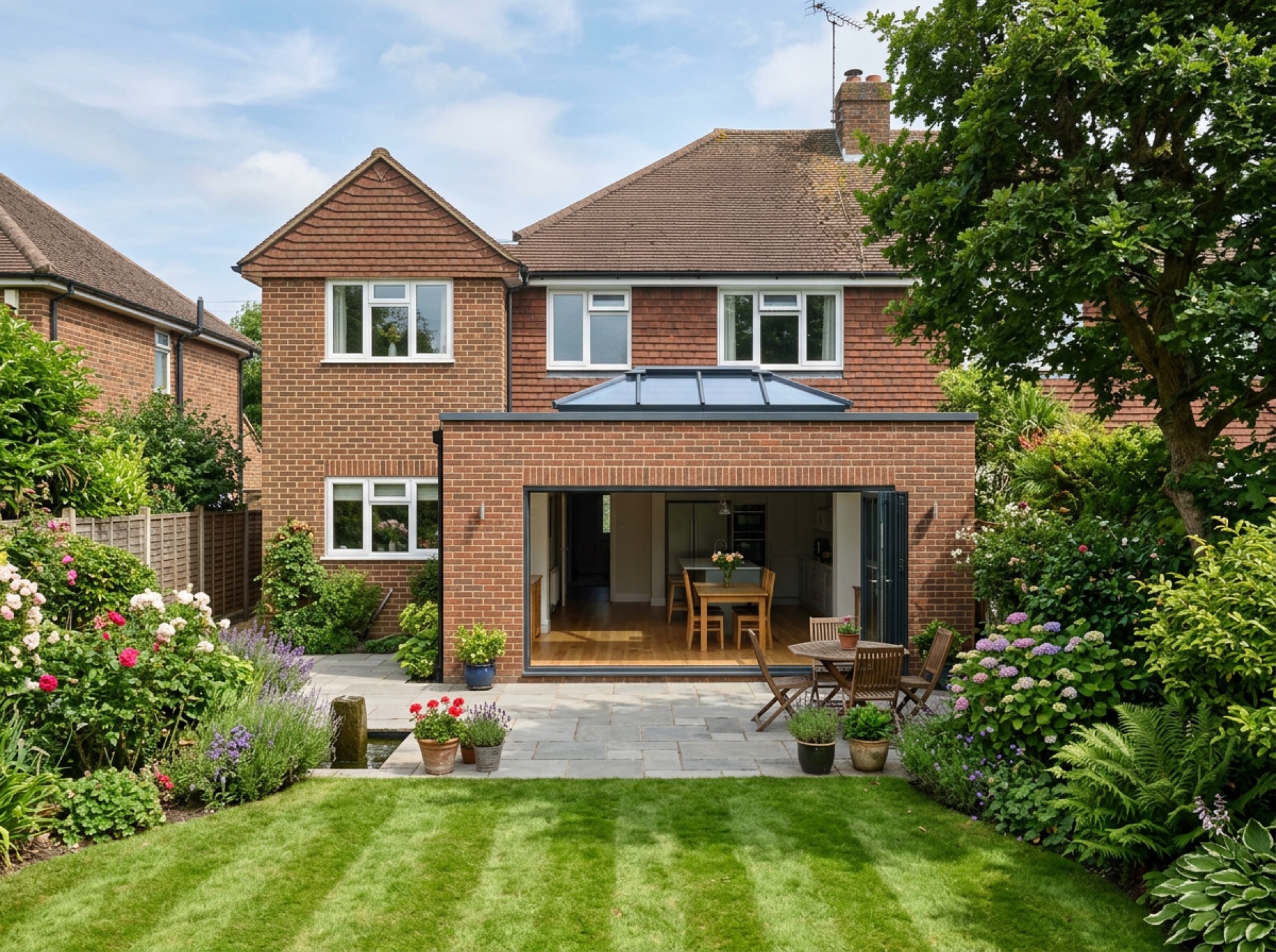 Single-storey rear extension with a roof lantern and bi-fold doors onto a patio