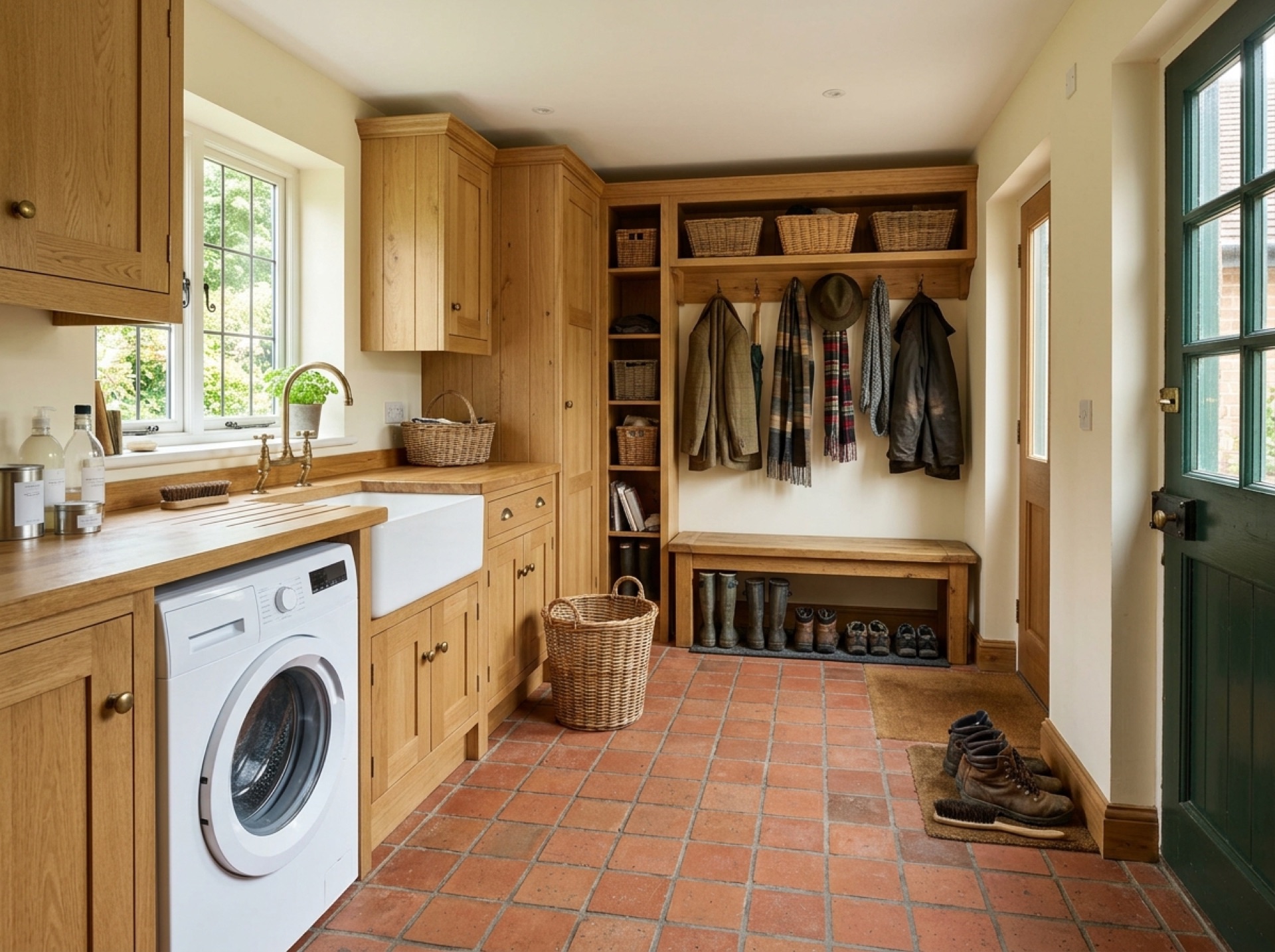 Converted garage fitted out as a utility and boot room with a butler sink